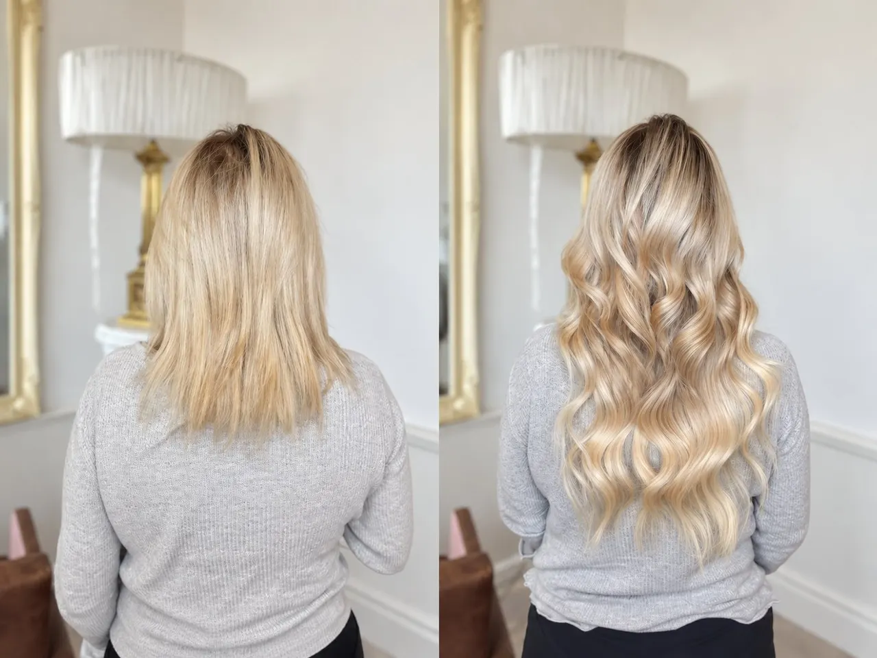 Before and after: shoulder-length blonde hair lengthened into long, soft blonde waves with extensions at Esther Alexander