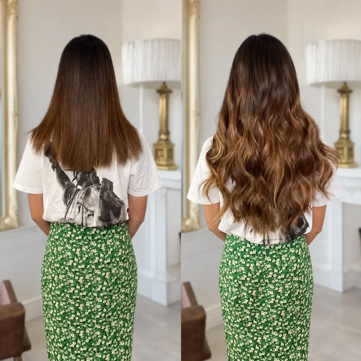 Before and after: straight brunette hair transformed into long, warm-brown balayage waves with extensions at Esther Alexander