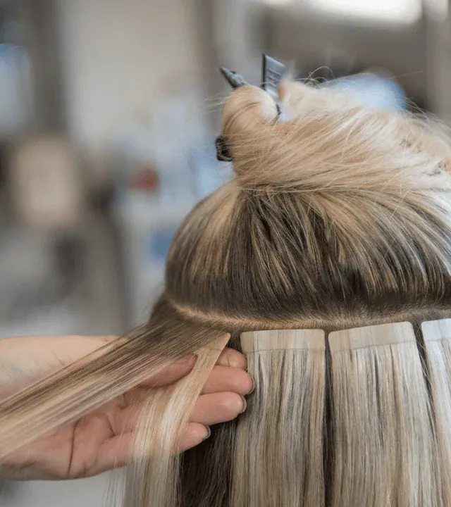 Blonde tape hair extensions being fitted section by section at Esther Alexander in Ewell