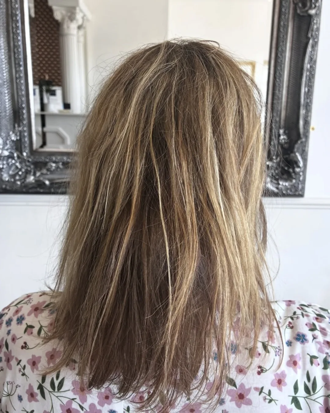Frizzy highlighted hair before keratin smoothing at Esther Alexander in Ewell
