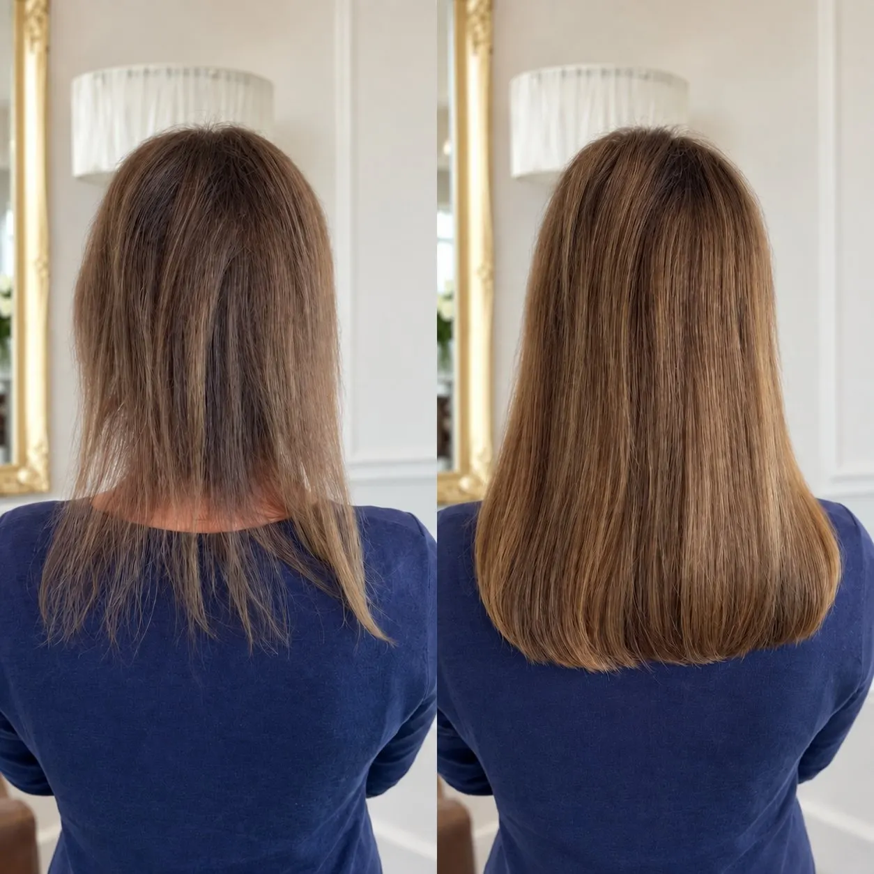 Before and after: fine, sparse ends transformed into fuller, denser hair with extensions at Esther Alexander