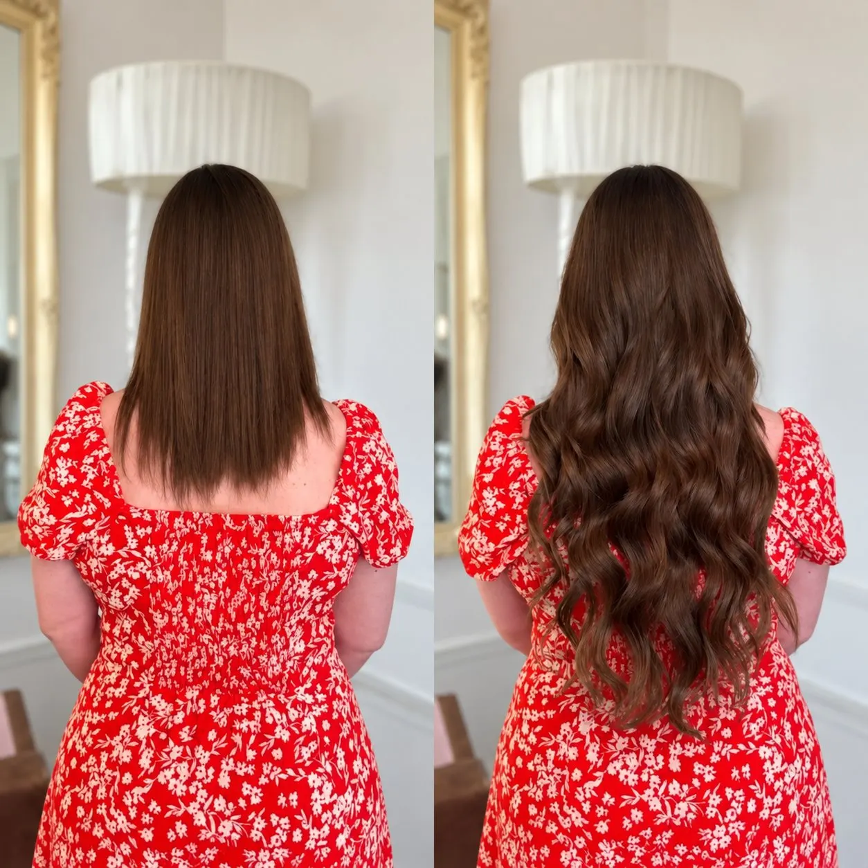 Before and after: mid-length brunette hair blended into long, wavy brunette lengths with extensions at Esther Alexander